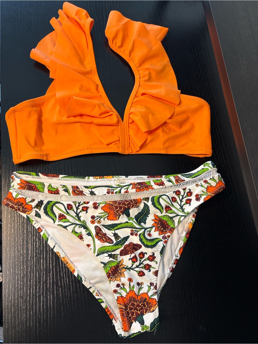 Women’s Orange Ruffle Top with White Floral bottom Swimsuit